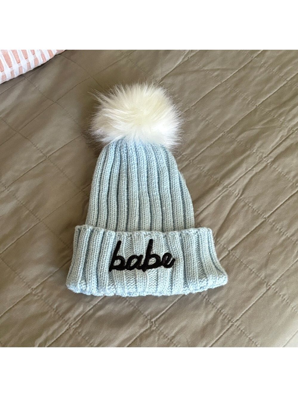 Light Blue Knit “BABE” Beanie with Pom Pom
